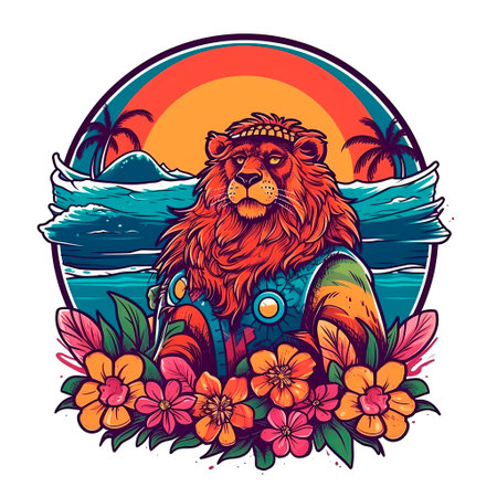 Tribal lion with surfboard and tropical flowers. Vector illustration.の写真素材