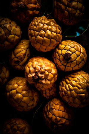 Custard apple or Annona muricata fruit on black backgroundの写真素材