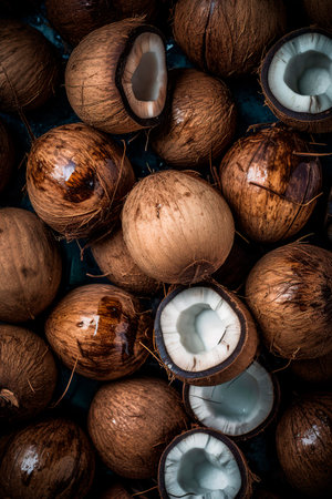 Coconut fruit background. Close up of coconuts.
