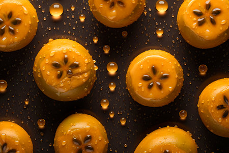 Delicious persimmon cakes with water drops on dark background, top viewの写真素材
