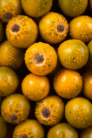 Yellow kumquat with water droplets on the skin.の写真素材