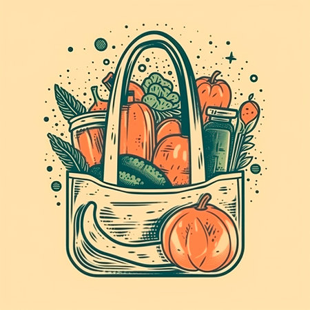 Hand drawn eco bag with vegetables and fruits. Vector illustration in vintage style.の写真素材