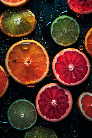 Citrus fruits on black background. Lemons, grapefruits and oranges.の写真素材