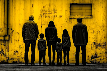 Silhouette of a family standing in front of a yellow wallの写真素材