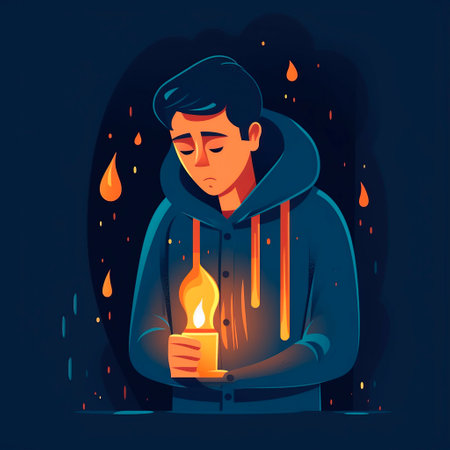 Man in hood holding burning candle. Vector illustration in cartoon style.の写真素材