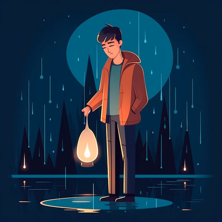 Young man in a raincoat with a bag of money. vector illustration