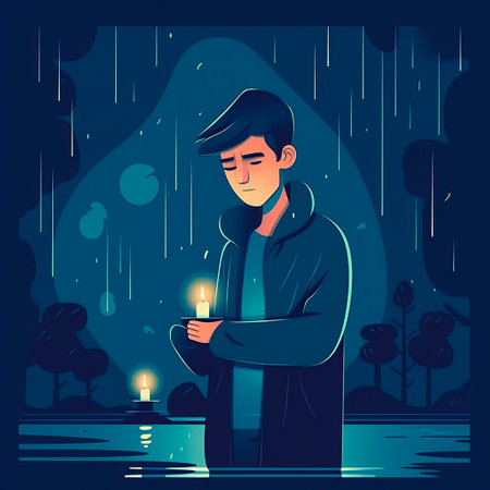 Man in a raincoat holding a candle in his hand. Vector illustration.の写真素材