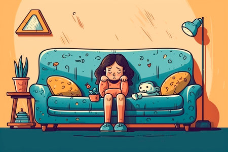 Sad little girl sitting on the sofa in the living room. vector illustrationの写真素材