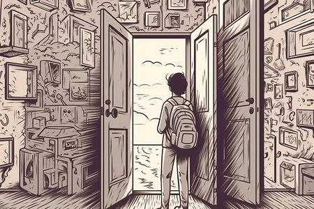 A young man with a backpack goes to the door of his house.の写真素材