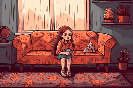 Little girl sitting on the sofa in the living room. Vector illustration.の写真素材