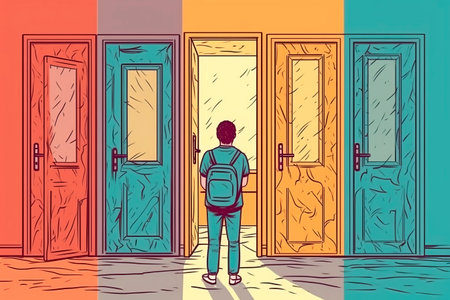 Back view of young man with backpack standing in front of the door. Vector illustration.の写真素材