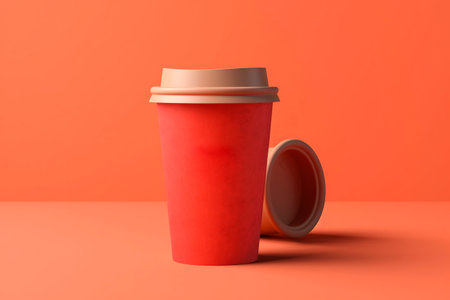 Red paper coffee cup on orange background. 3d rendering illustration.の写真素材