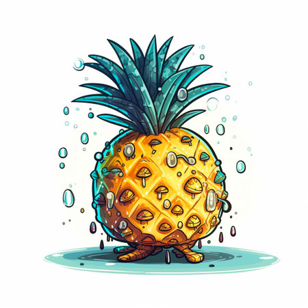 Pineapple character with water drops. Vector hand drawn illustration.の写真素材