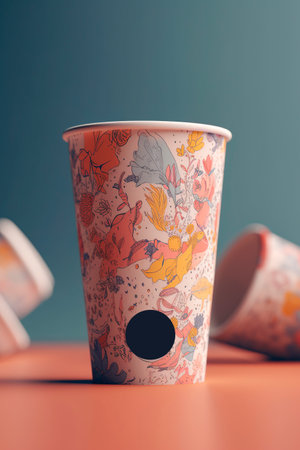 Disposable paper cup with floral pattern on the table. 3d renderingの写真素材
