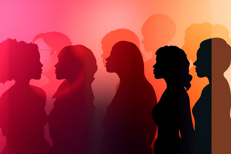 Silhouettes of a group of women on a colorful background.