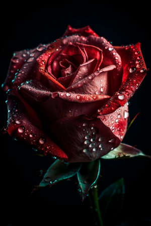 Beautiful red rose with drops of water on a black background.の写真素材