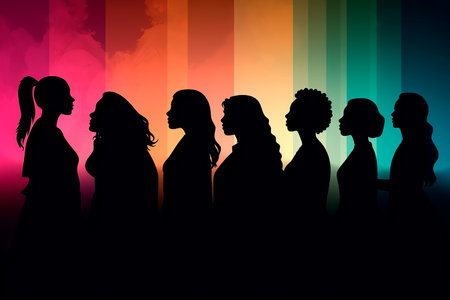 Silhouette of a group of people on a colored background.の写真素材