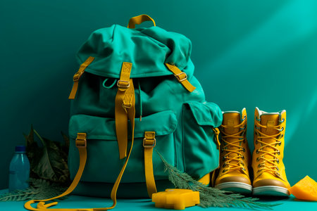 Backpack, shoes and cheese on a green background. Backpacker concept.
