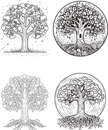 Set of black and white vector illustrations of a stylized tree.のイラスト素材