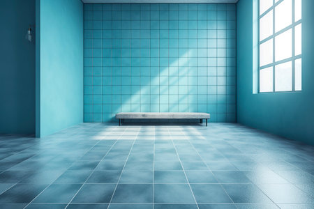 Empty blue tiled room with a bench and a window in the backgroundの写真素材
