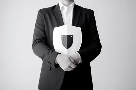 Businessman in black suit holding a shield. Black and white photoの写真素材
