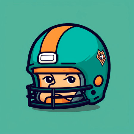 Cute American football player with helmet. Cartoon vector illustration on green background.の写真素材