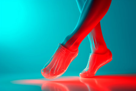 Female legs in red shoes on a blue background. 3d rendering