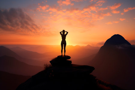 Silhouette of a woman on top of the mountain at sunriseの写真素材