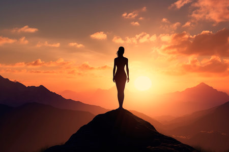 Silhouette of a woman standing on the top of a mountain at sunsetの写真素材