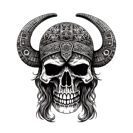 Viking skull with horned helmet Hand drawn image for tattoo, emblem, badge, , patchの写真素材