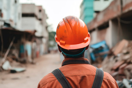 Engineer wearing orange safety helmet and safety vest working at construction site.