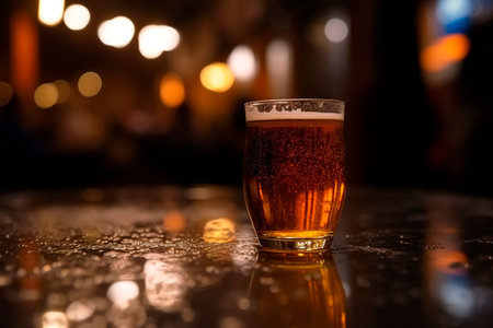 Glass of beer on a table in a pub. Select focus.