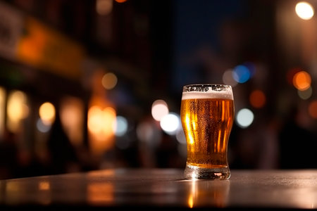 Glass of beer on a bar counter in a pub with blurred lightsの写真素材