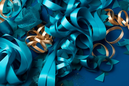 Blue and gold ribbons and confetti on a blue background.の写真素材