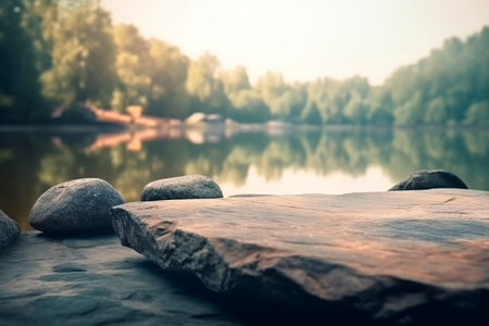 Pebbles on the shore of a lake in the forest.の写真素材