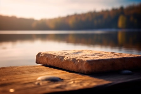 A piece of bread on a wooden pier on the background of the lake.の写真素材