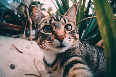 Cute cat sitting on the sand and looking at the camera.の写真素材