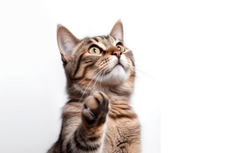 Portrait of a striped domestic cat on a white background. Studio shot.の写真素材
