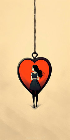 Silhouette of a girl in a black dress on the chain in the shape of a heartの写真素材