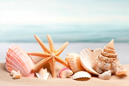 Seashells and starfish on the sand with sea backgroundの写真素材