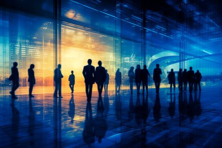 Silhouettes of business people in the corridor of a modern office building