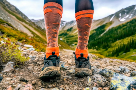 Trail running in the mountains. Woman trail runner running on rocky trailの写真素材