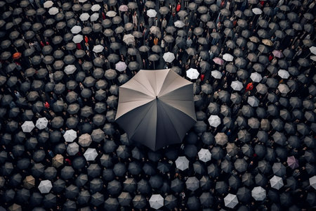 Aerial view of crowd of people with umbrella. 3d rendering