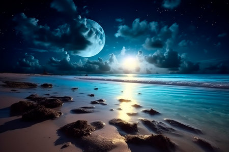 Night seascape with moon and stars. 3d rendering.の写真素材