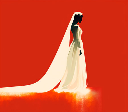 Beautiful bride in white wedding dress on red background, digital paintingの写真素材