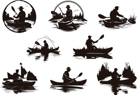 Set of silhouettes of men in kayaks. Vector illustration.のイラスト素材