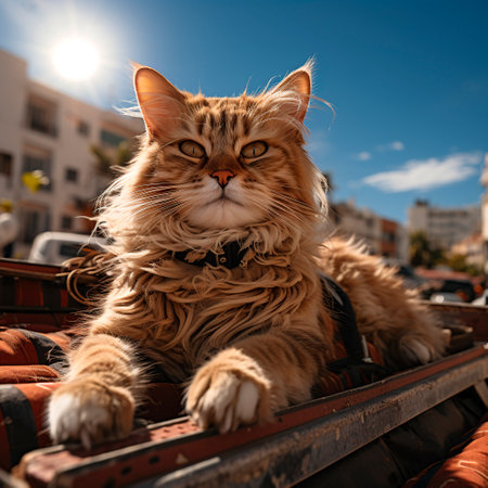 Portrait of persian cat lying on the roof of a carの素材