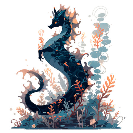 Seahorse in the sea with algae and seaweed. Vector illustration.の素材