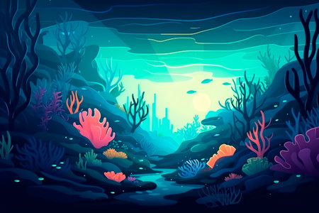 Underwater landscape with corals and algae. Vector cartoon illustration.の素材