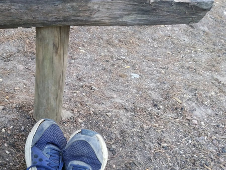 Selfie of shoes on a wooden bench in the park. top view.の写真素材